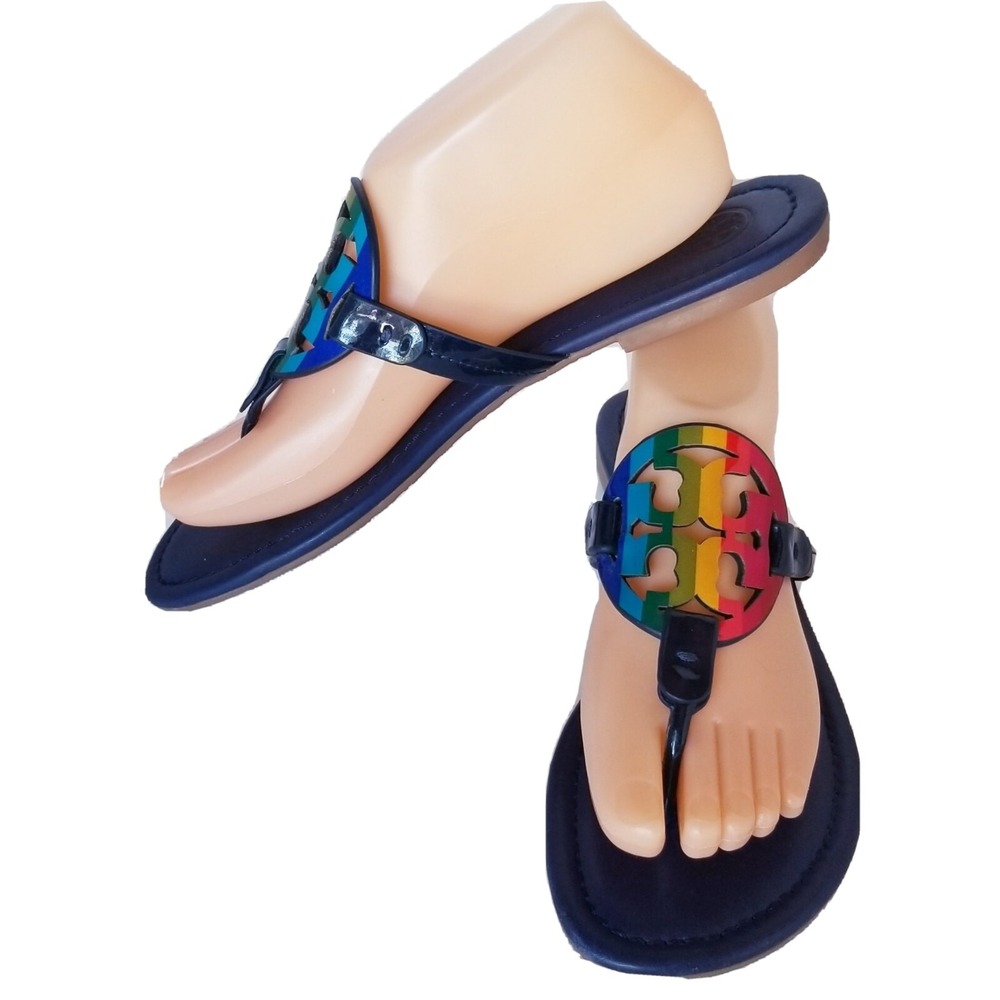 TORY BURCH Rainbow Leather BIG Medalion Slides/Thongs/Flat Sandals Sz 8.5M
